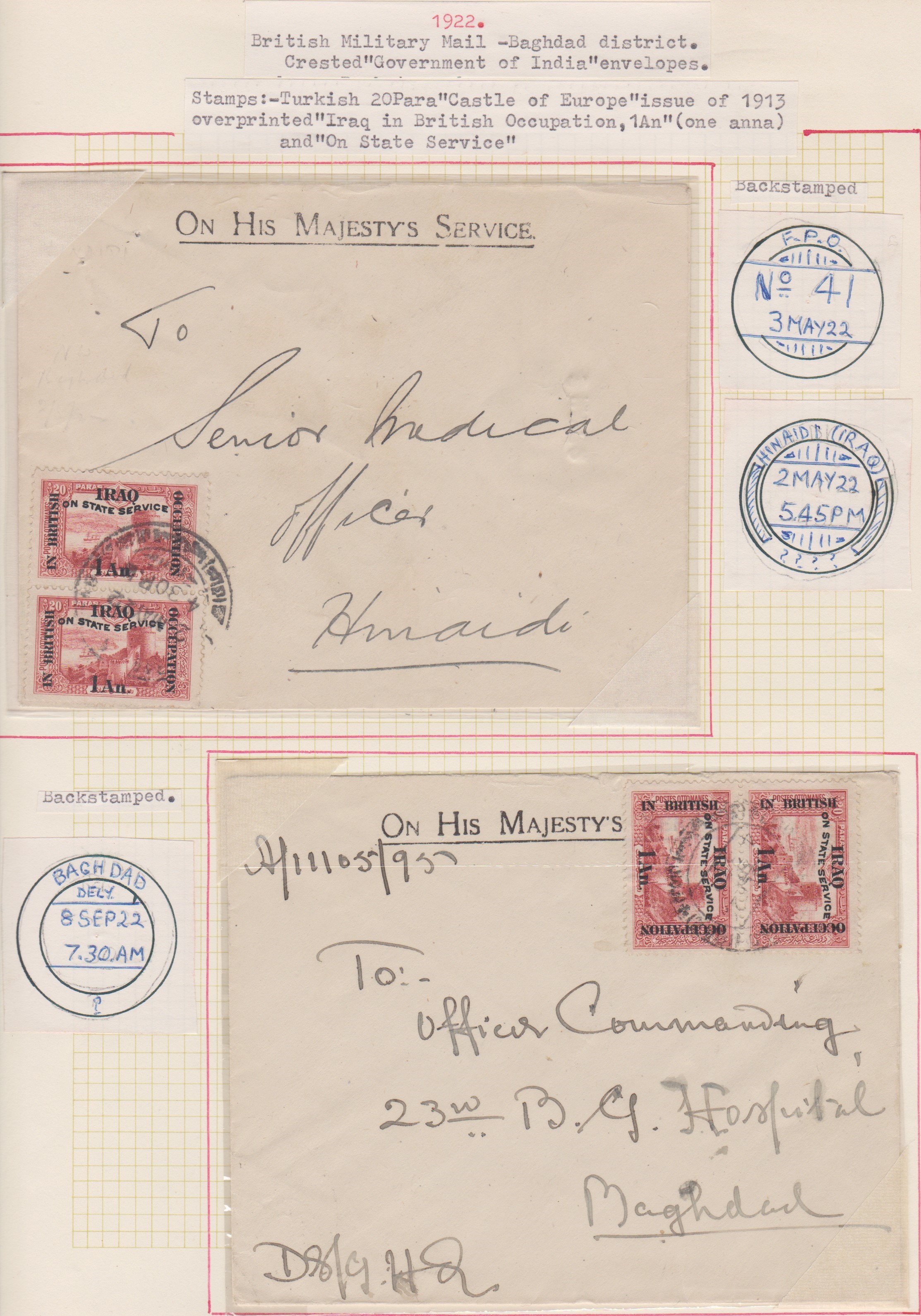 Iraq 1922-2x OHMS Military covers posted to Hamadi and Baghdad