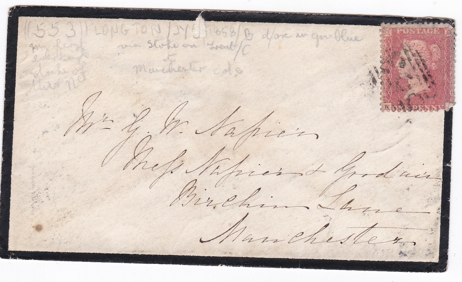 Great Britain 1858-Black edged mourning envelope posted to Manchester cancelled with 553 numeral