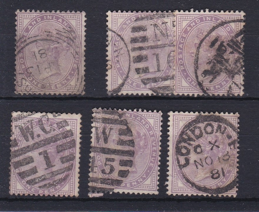 Great Britain 1881 - Definitives 6x SG170 used 1d post mark study. Cat value £40 each
