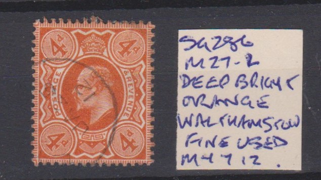 Great Britain 1911-4d Deep bright orange-SG286-spec M27.2, very fine used with Walthamstow cds MY7.