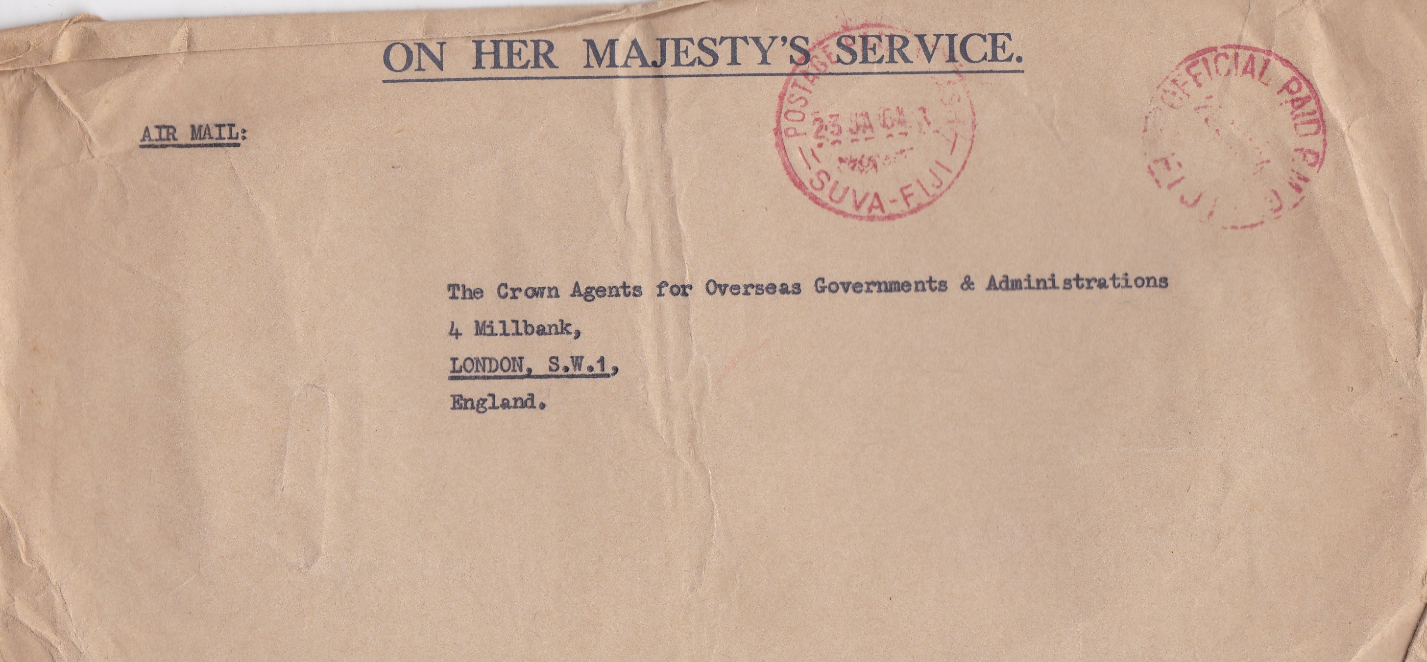 Fiji 1964-2x OHMS Crown Agents envelopes posted to London-(1) cancelled 23.1.64 official paid in
