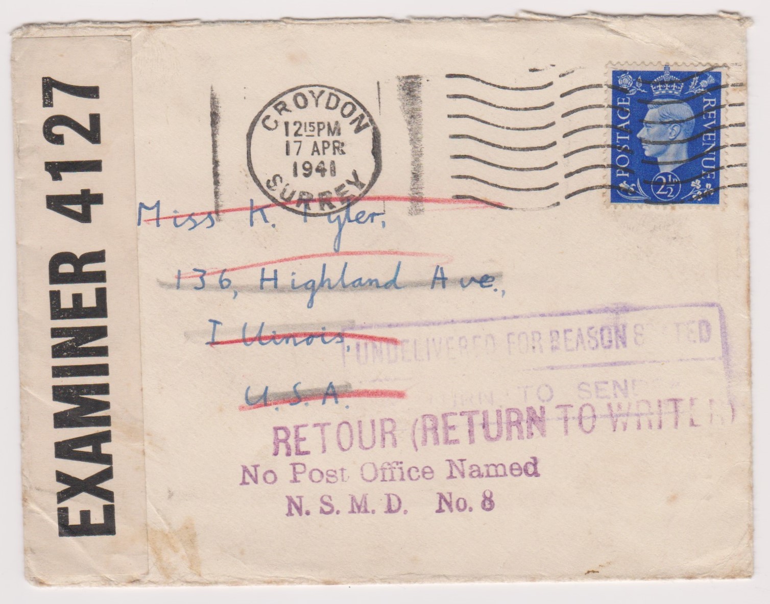 Great Britain 1941-Envelope posted to USA cancelled 17.4.41 with Croydon Machine cancel on SG466 2.