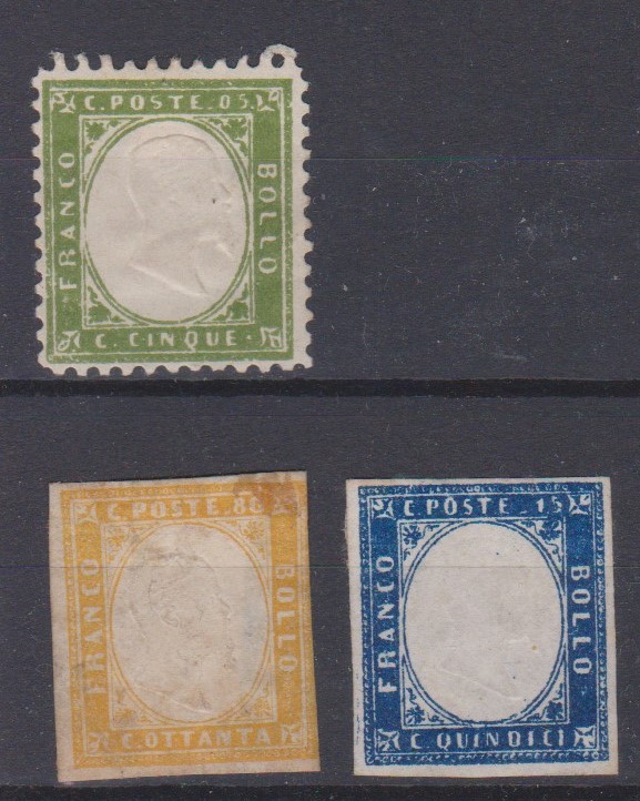 Italian States 1962-63 SG 4 m/m 80c Defin, SG 5a m/m 15c and Sardinia Privately reprinted m/m 5c