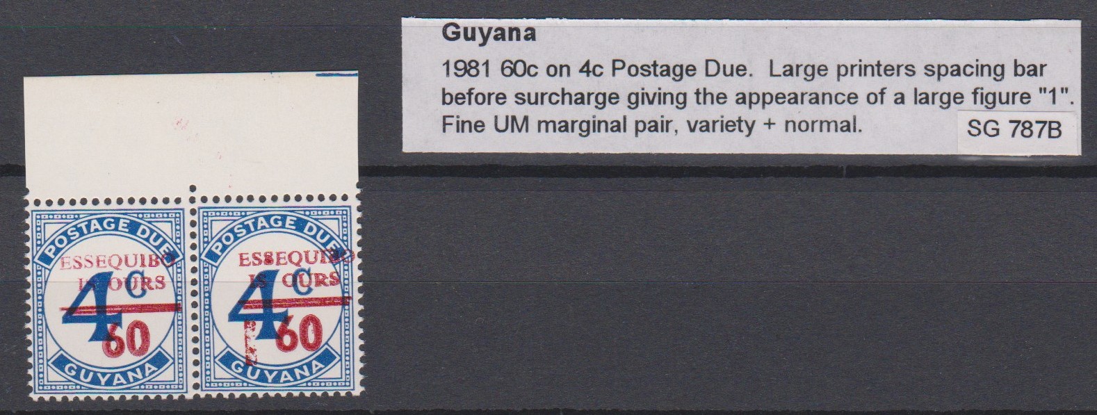 Guyana 1981 60c on 4c Postage Due, large printer spacing pair before surcharge giving the appearance