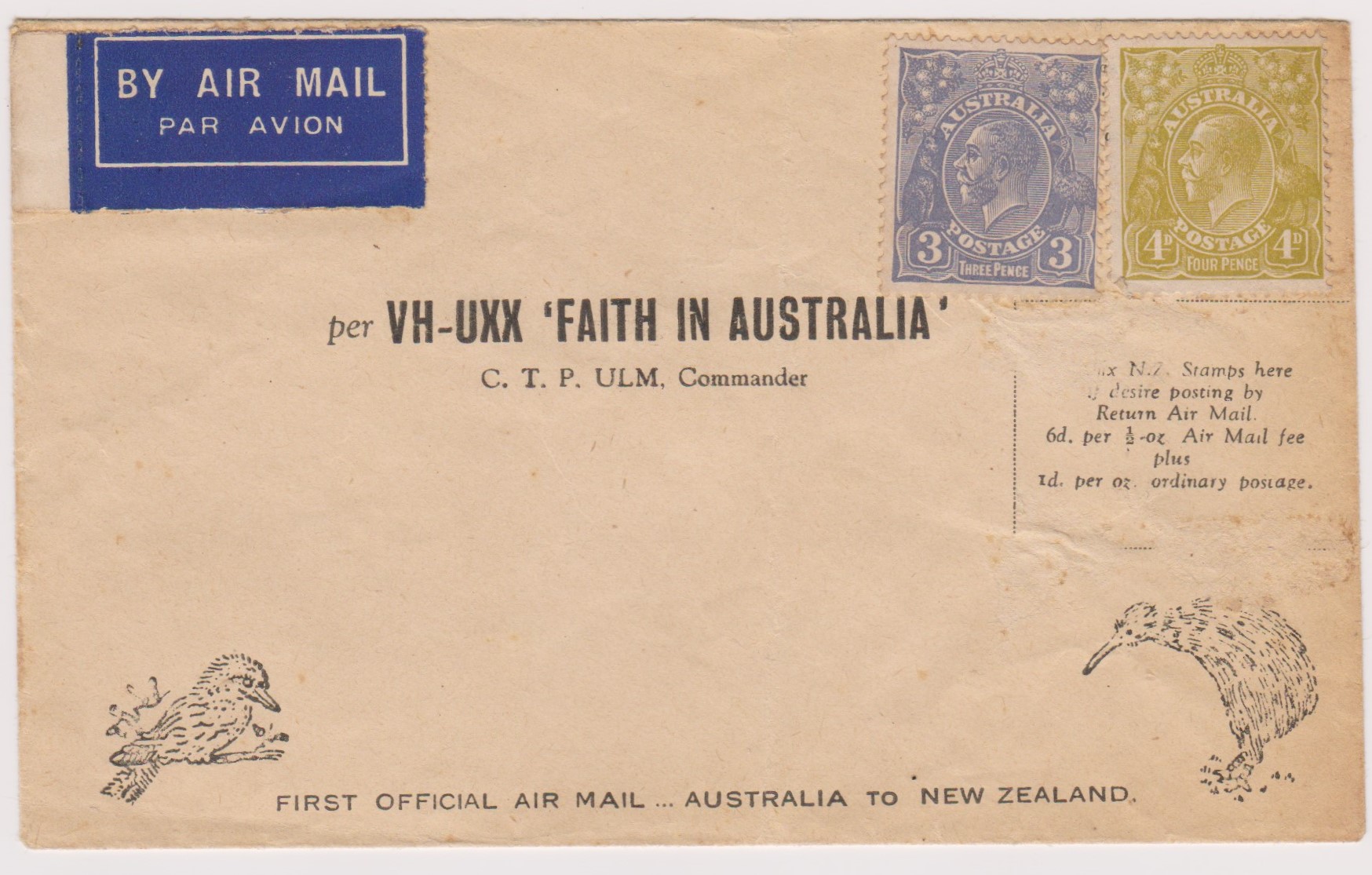 Australia 1934 unaddressed 1st official airmail envelope for Australia - New Zealand route carried