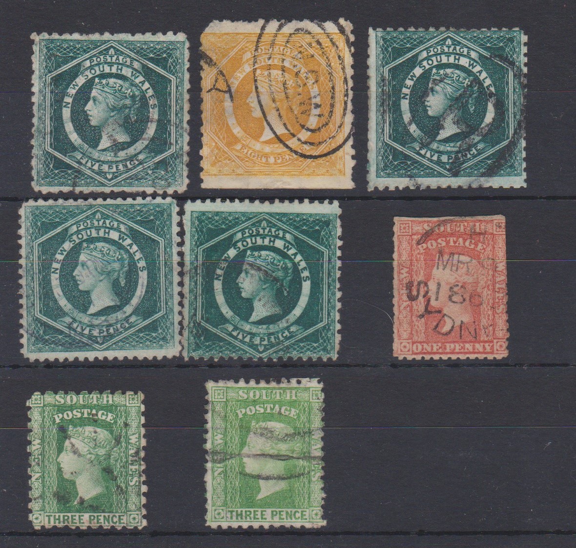 New South Wales 1860-1886 definitives SG 215b used 5f, 218 used 8d, 1885 SG 215 used 5d, 233a used