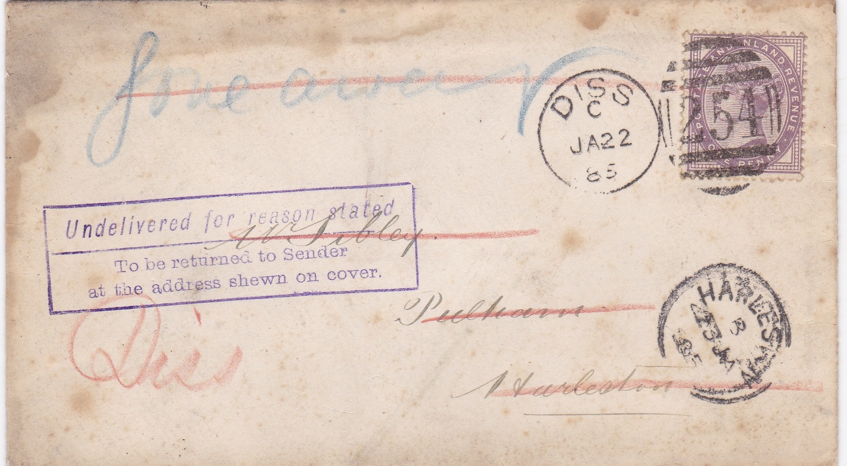 Great Britain 1885 - Diss Wine Merchants envelope posted to Harleston cancelled 22.1.1885 with