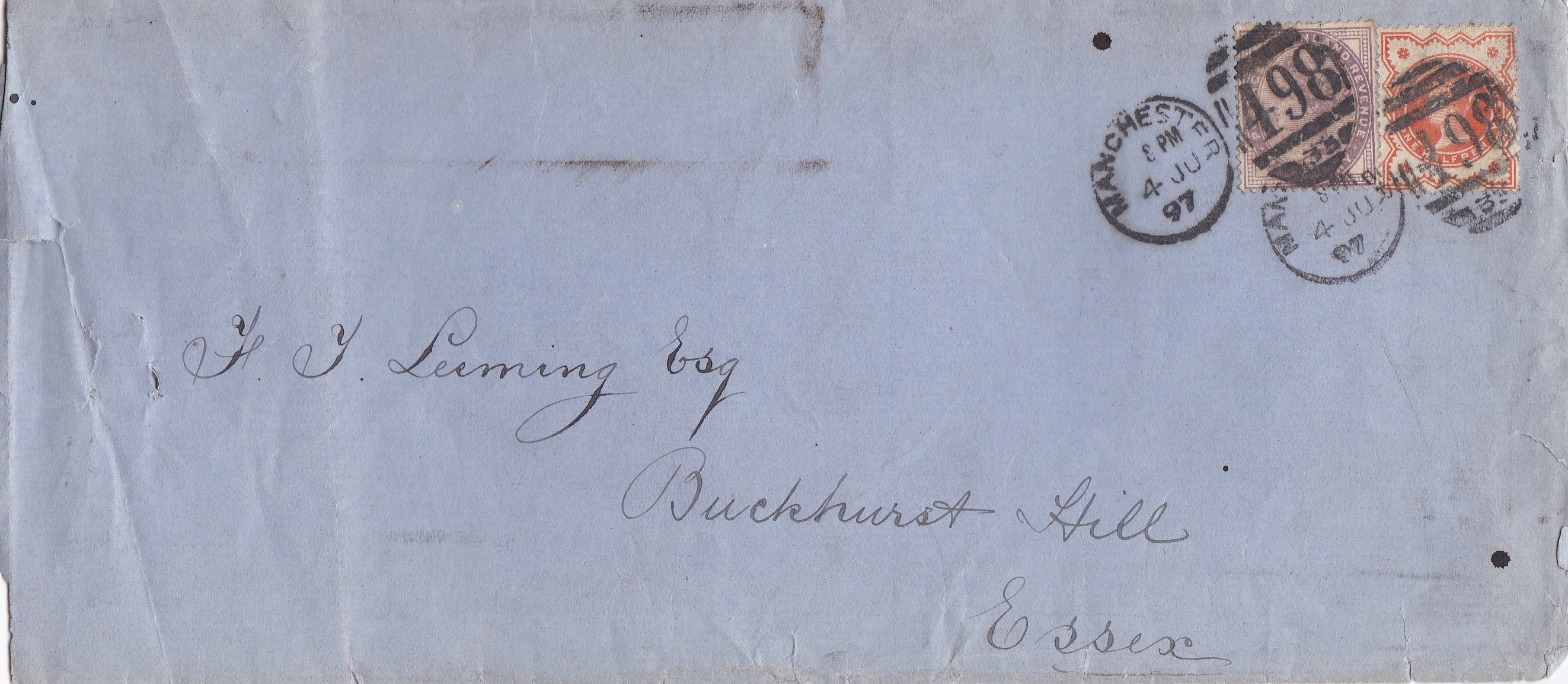 Great Britain 1897 Scruffy envelope posted to Essex cancelled 4/7/1897 Manchester cds and 498