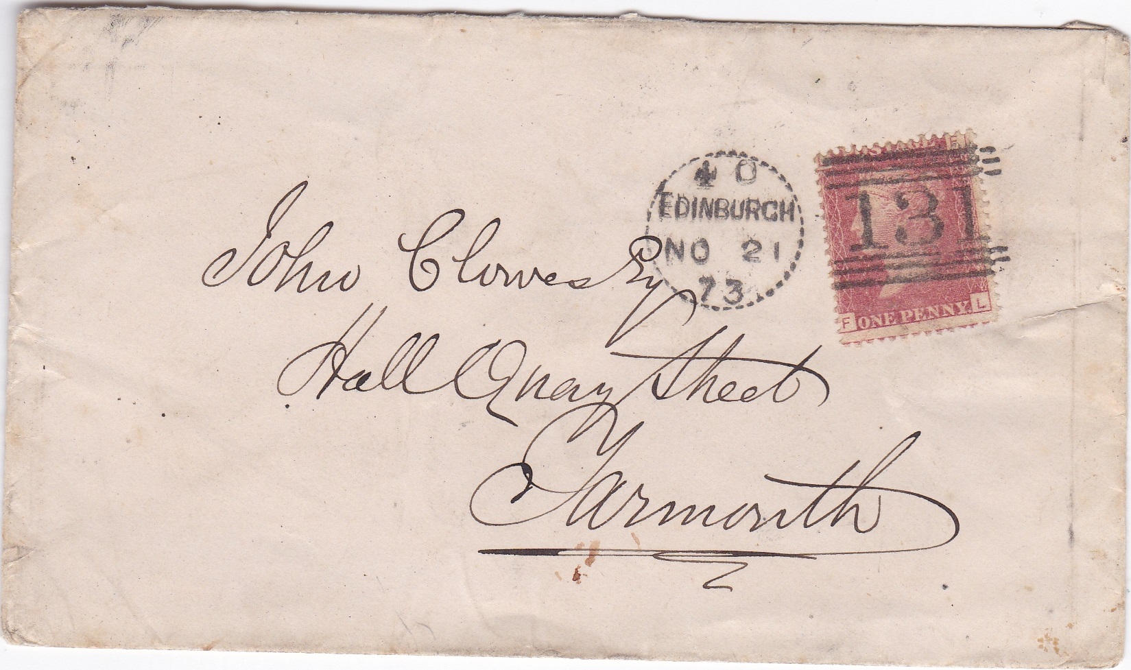 Great Britain 1873-Envelope posted to Yarmouth cancelled with 131 town cancel and Edinburgh 21.11.