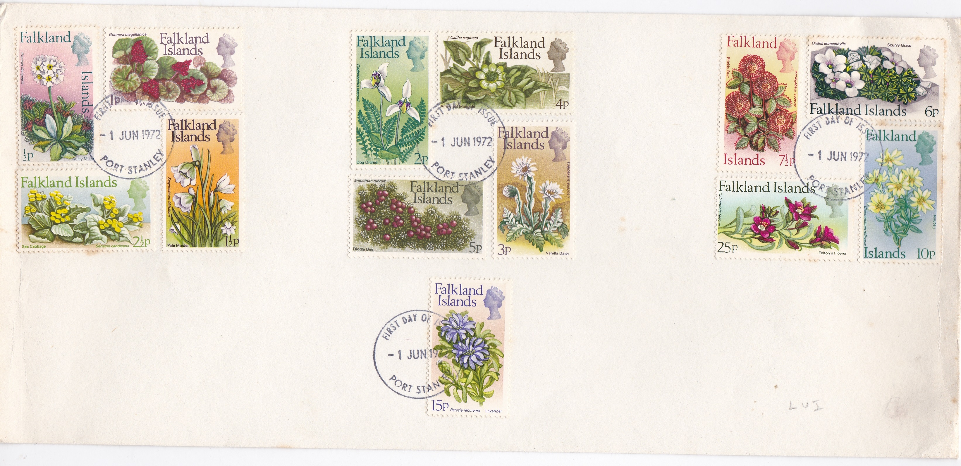 Falkland Islands 1972 Decimal flowers issue unaddressed envelope cancelled 1st day of issue 1/6/1972