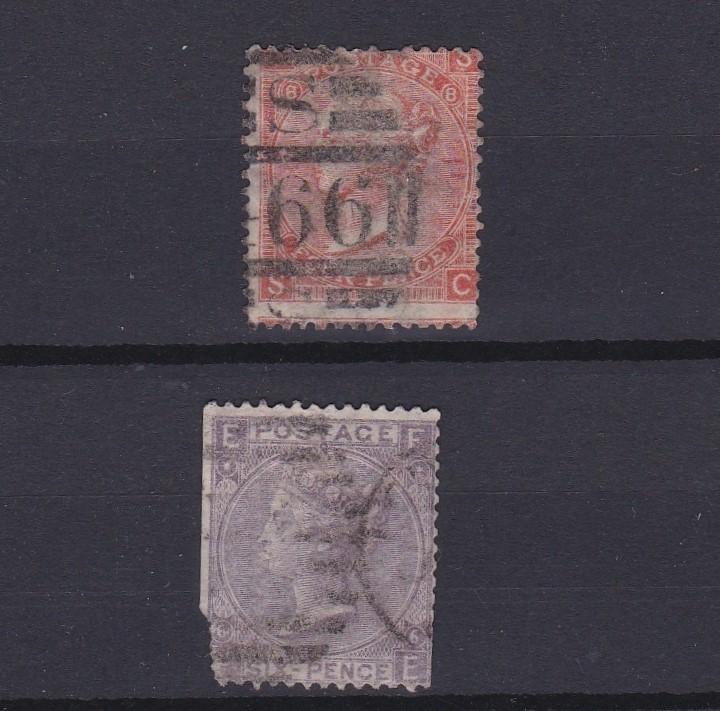 Great Britain 1865-67- SG95-4d used plate 8-SG97 6d used plate 6-edge trimmed-cat value £340