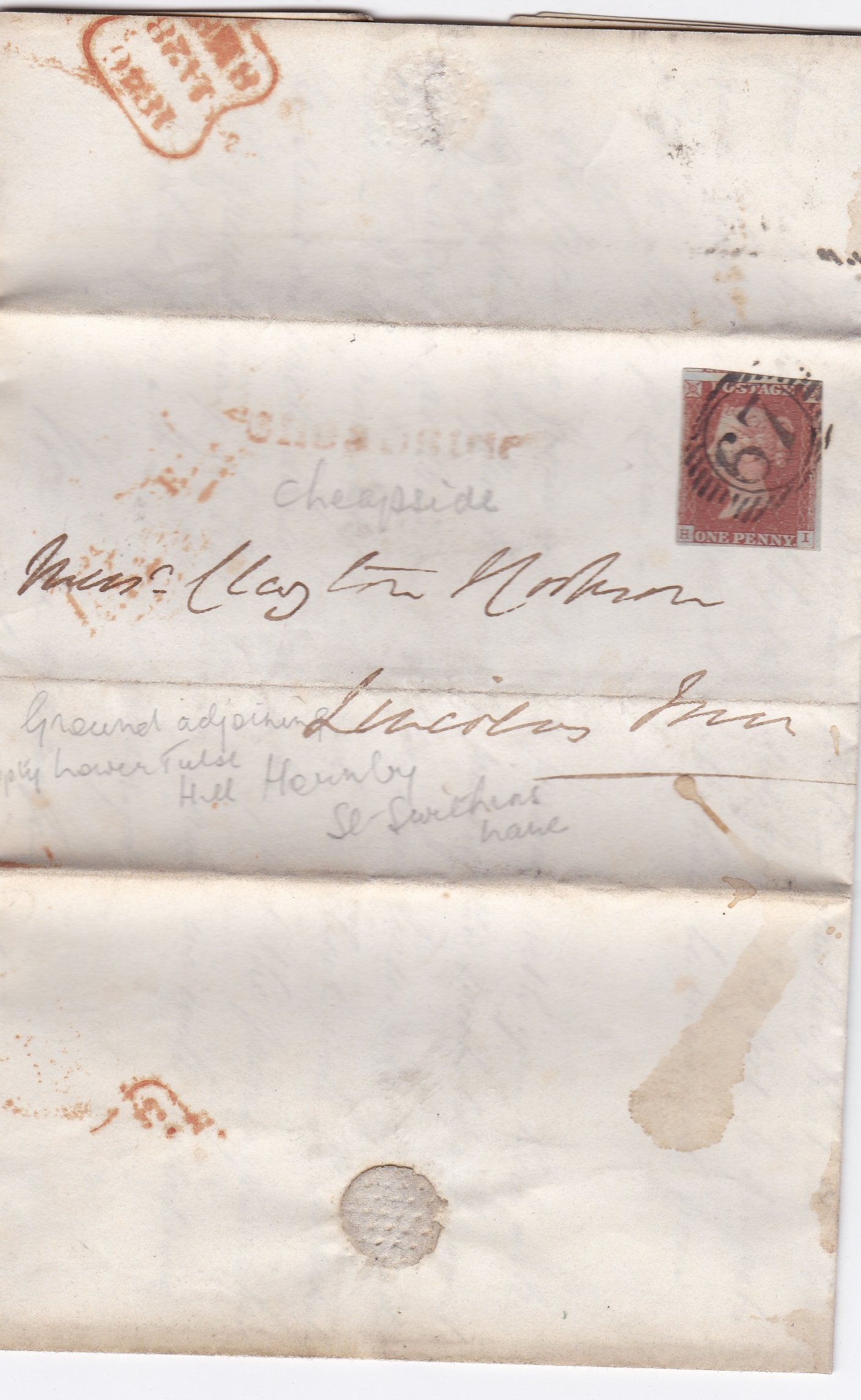 Great Britain 1846 - Folded letter posted to Lincolns Inn with SG8 - 1d red cancelled with black '