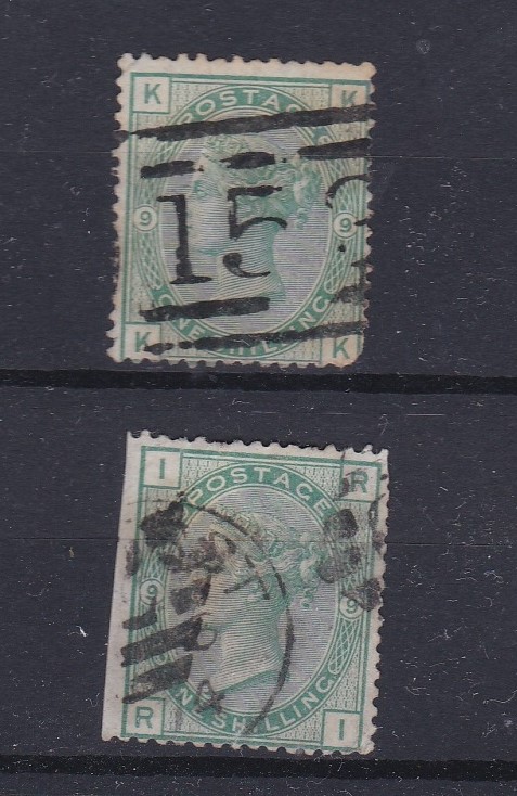 Great Britain1873-80-SG150 used 1s green x2 plate 9- cat value £350