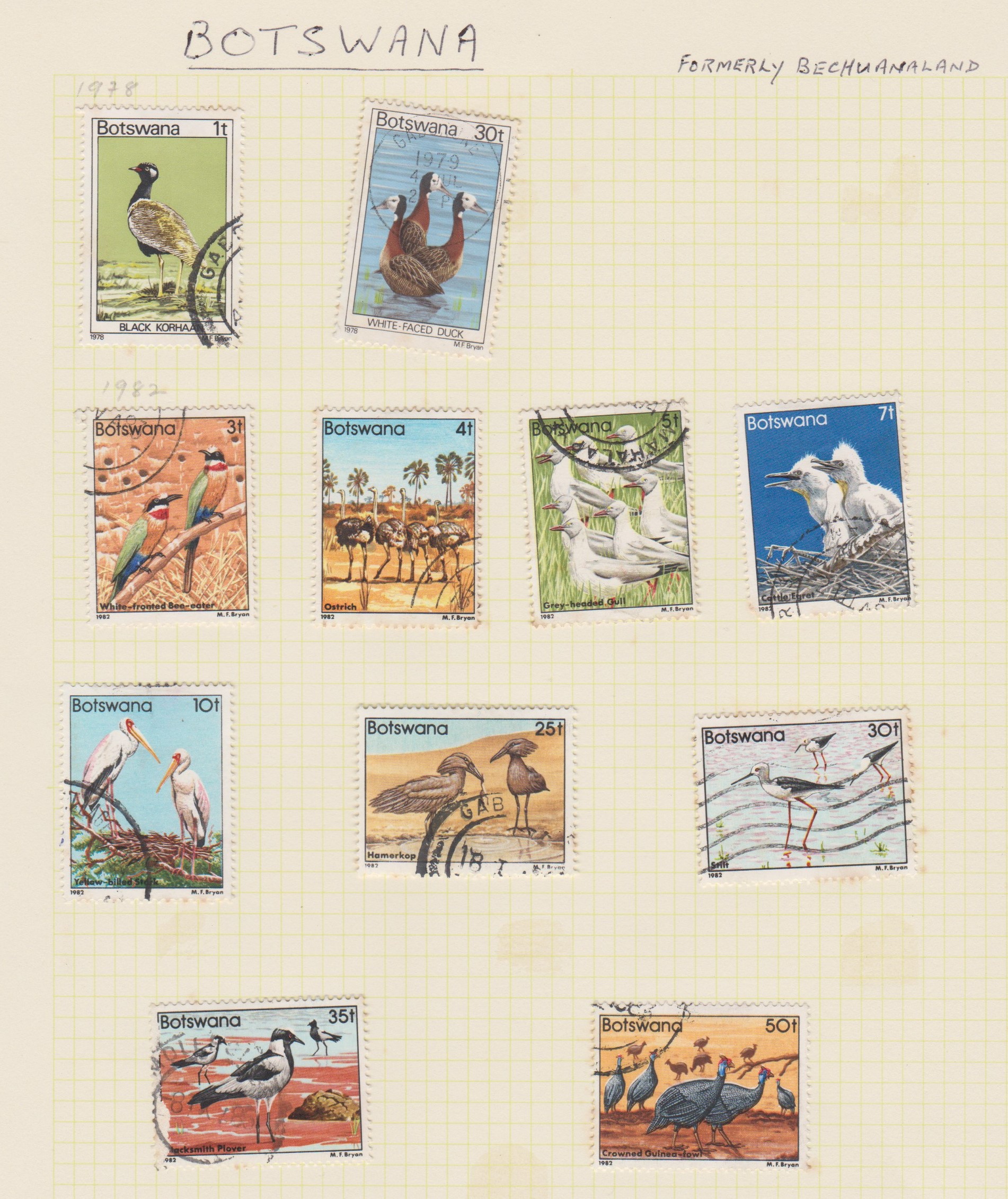 Botswana 1978-1987 group of 19 used stamps on 2 pages. Strength in 1982 Birds issue