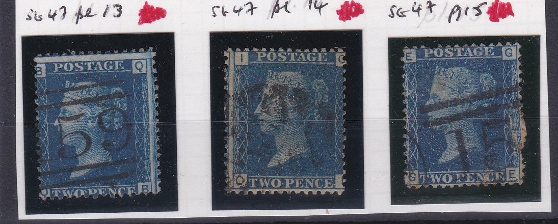 Great Britain 1858-76-3x SG47 used 2d plates 13,14 and 15 - cat value £106