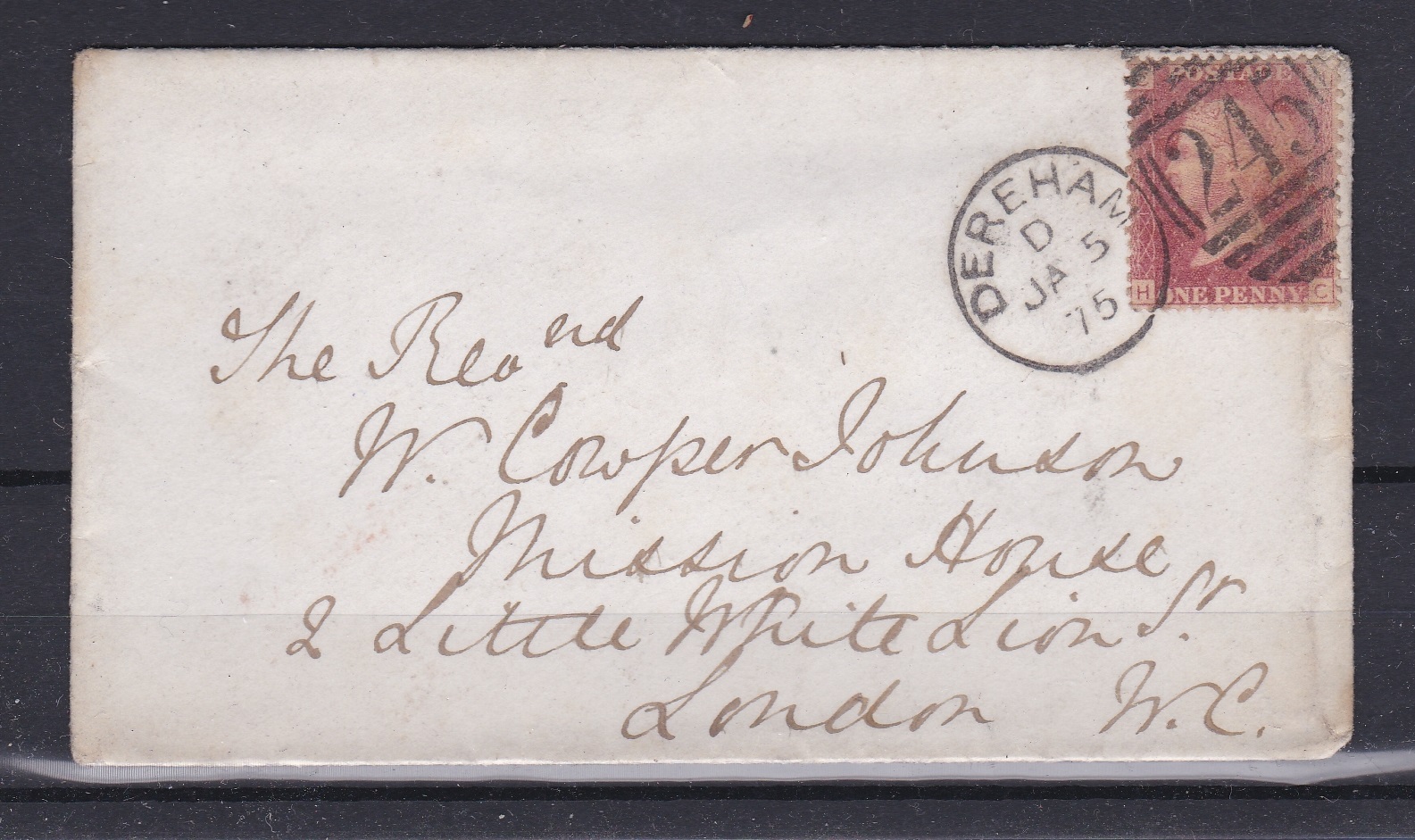Great Britain 1875-Envelope posted to London cancelled 5.1.1875 Dereham with cds and 245 numeral
