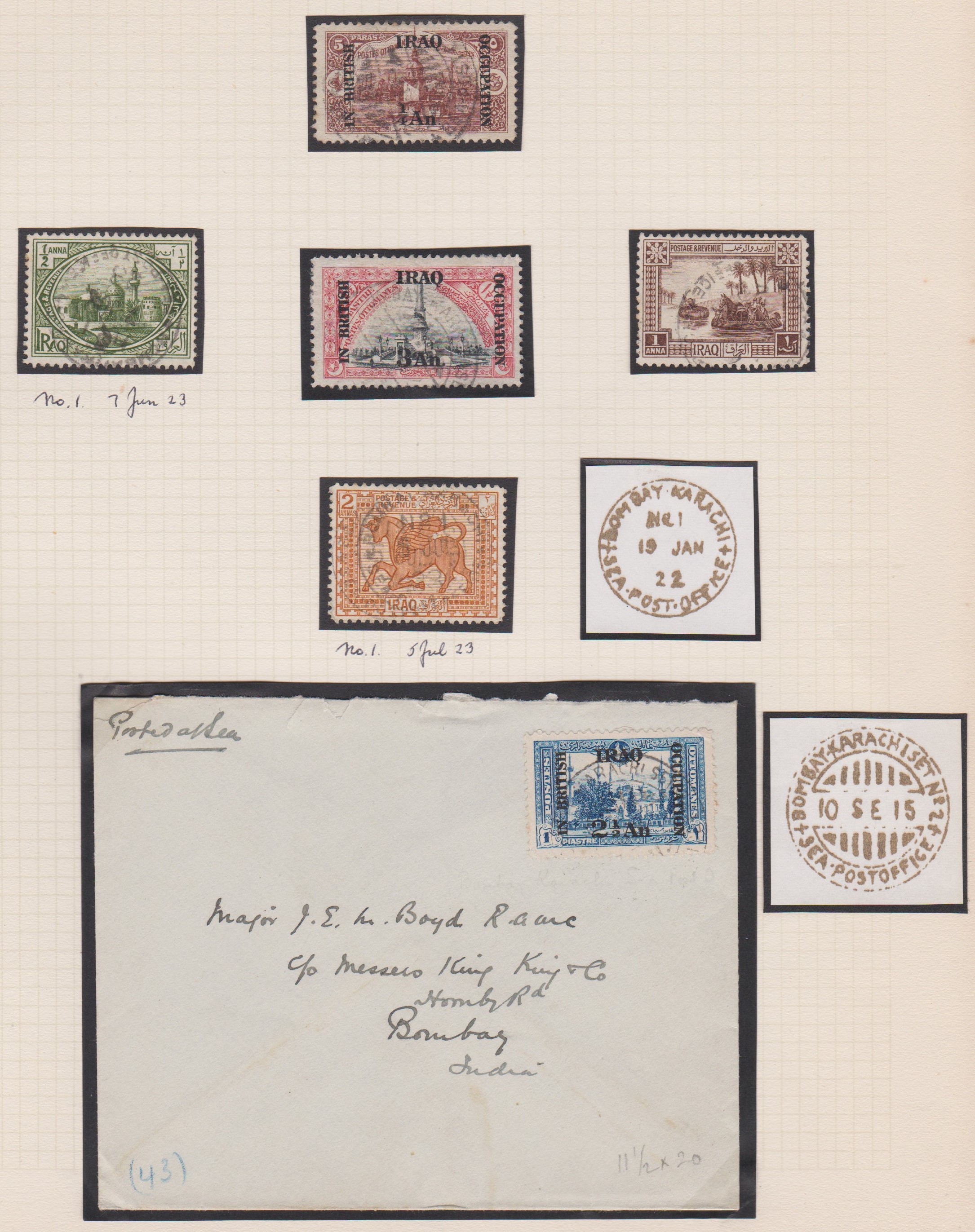 Iraq 1915-23-Album page of (5) neatly mounted stamps and a cover - cancelled Bombay-Karachi Sea Post