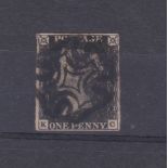 Great Britain 1840 - 1d Intense black K-C un-plated SG1 F.C. (4) margins, black M.X.