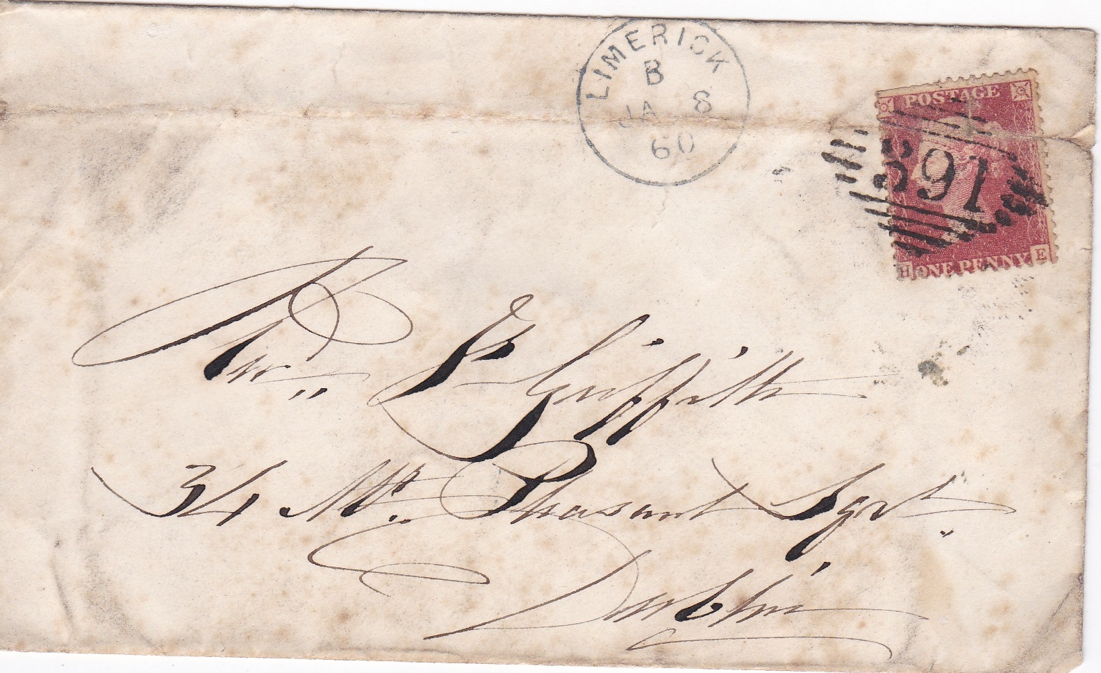 Great Britain 1860-Envelope posted to Dublin cancelled 8.1.1860 on Limerick cds. and 391 numeral