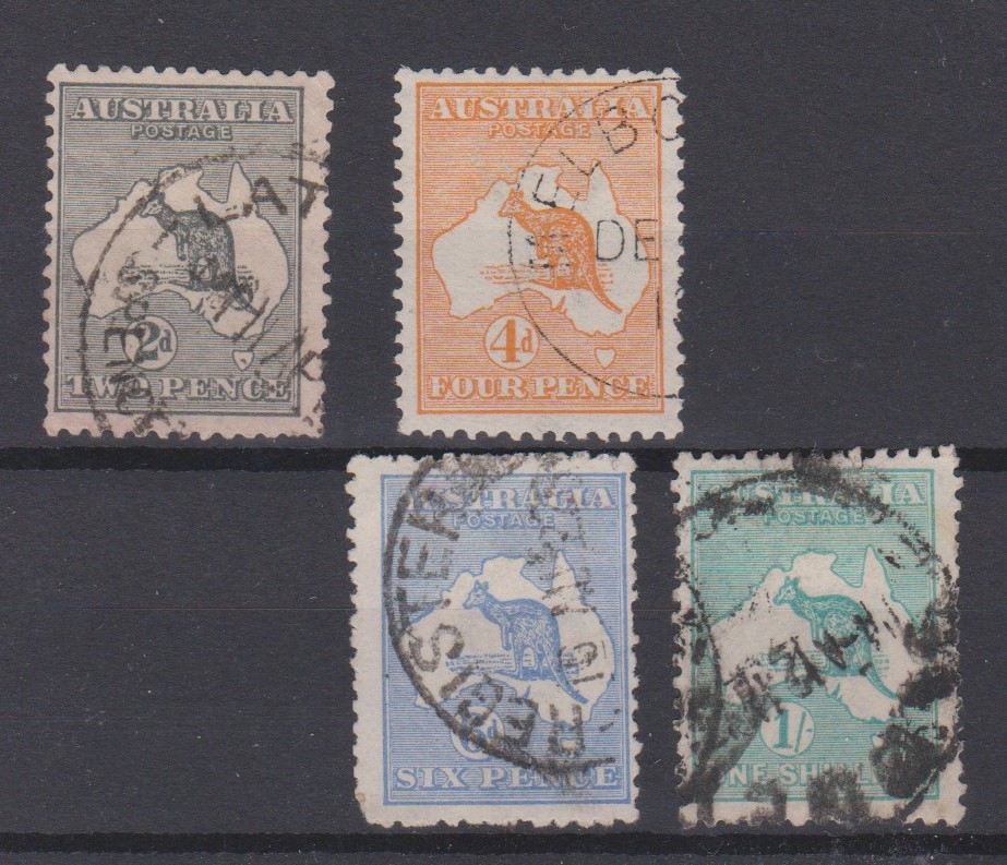 Australia 1913-1914 definitives SG 3 used 2d both, SG 6 used 4d cds, and 1915-1927 definitives SG 38