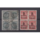 Germany 1923 SG 345 used 5md on 10m block of four with SH 266 used 1000m grey block of four.