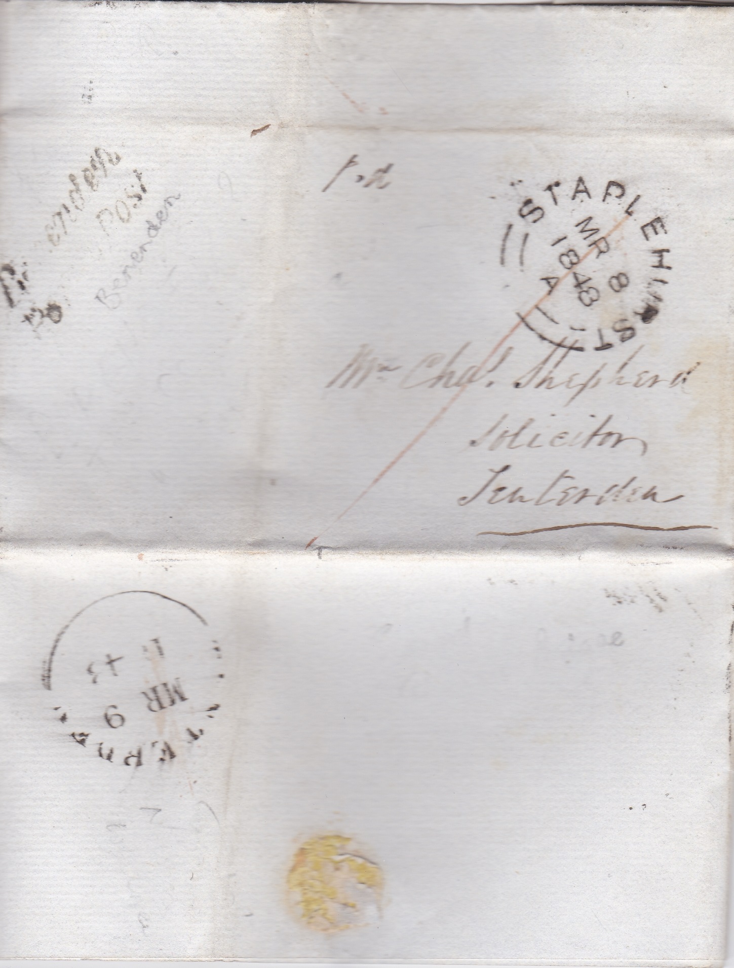 Kent 1848 EL-Benenden to Tenterden with ** Benenden/penny post, (Wilcox 55), (Scarce 'E')