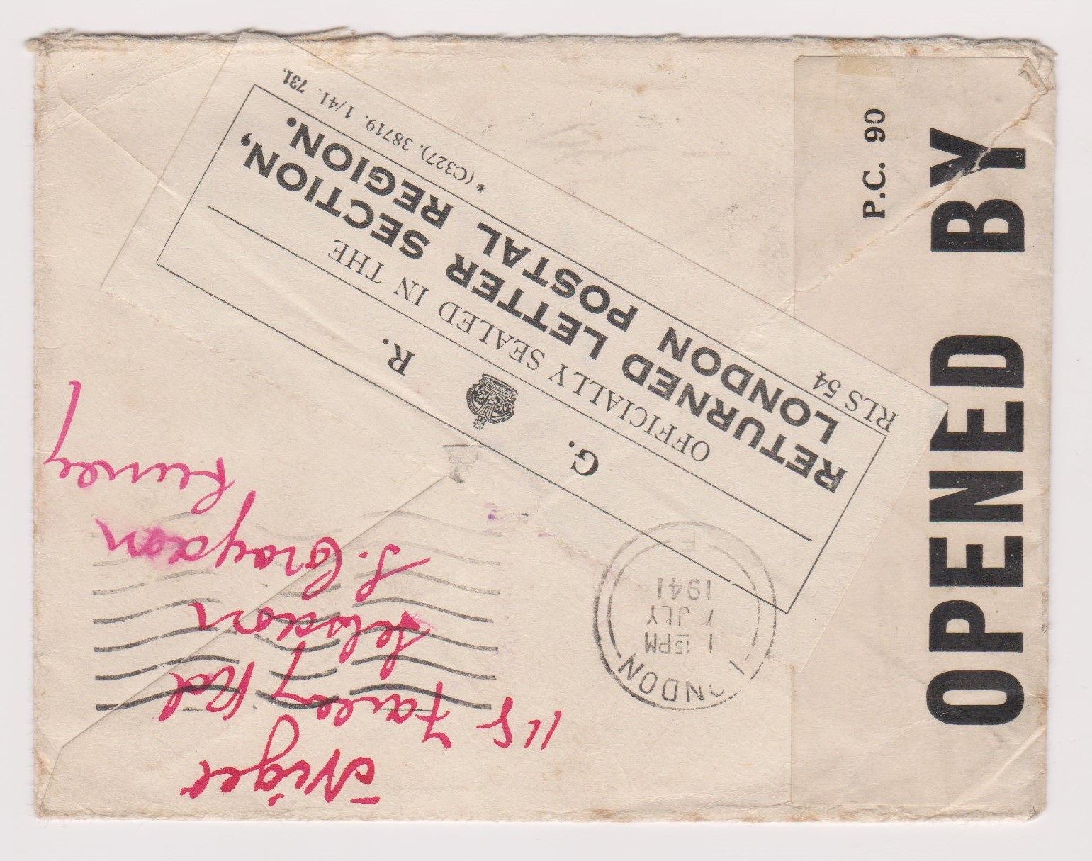 Great Britain 1941-Envelope posted to USA cancelled 17.4.41 with Croydon Machine cancel on SG466 2. - Image 2 of 2