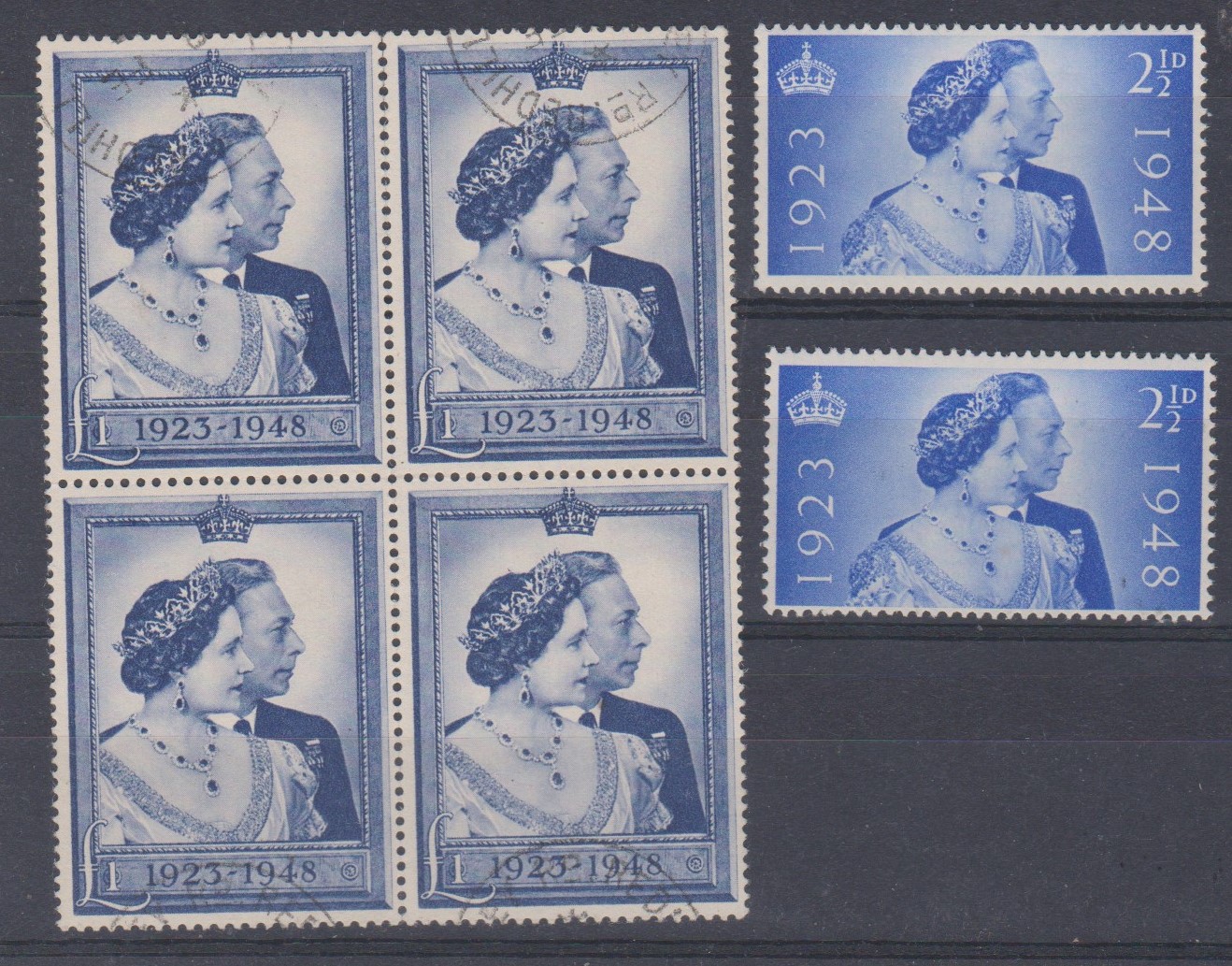 Great Britain 1948-Royal Silver Wedding-SG493 u/m 2.1/2d-SG494 used £1 block of (4)-cat value 160.