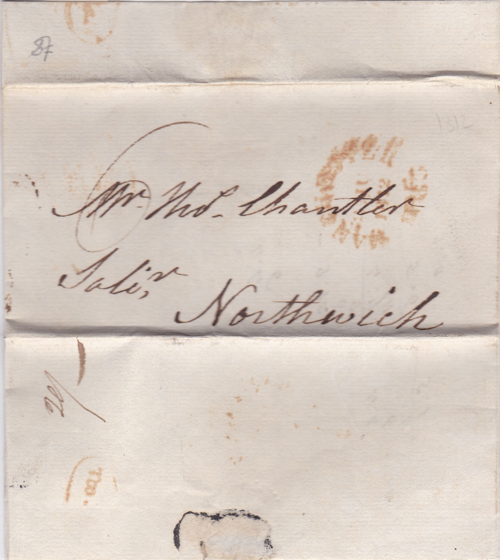 Lanc-Manchester 1812 EL - Manchester to Northwick charged 6d, smudged circular Manchester/185 (