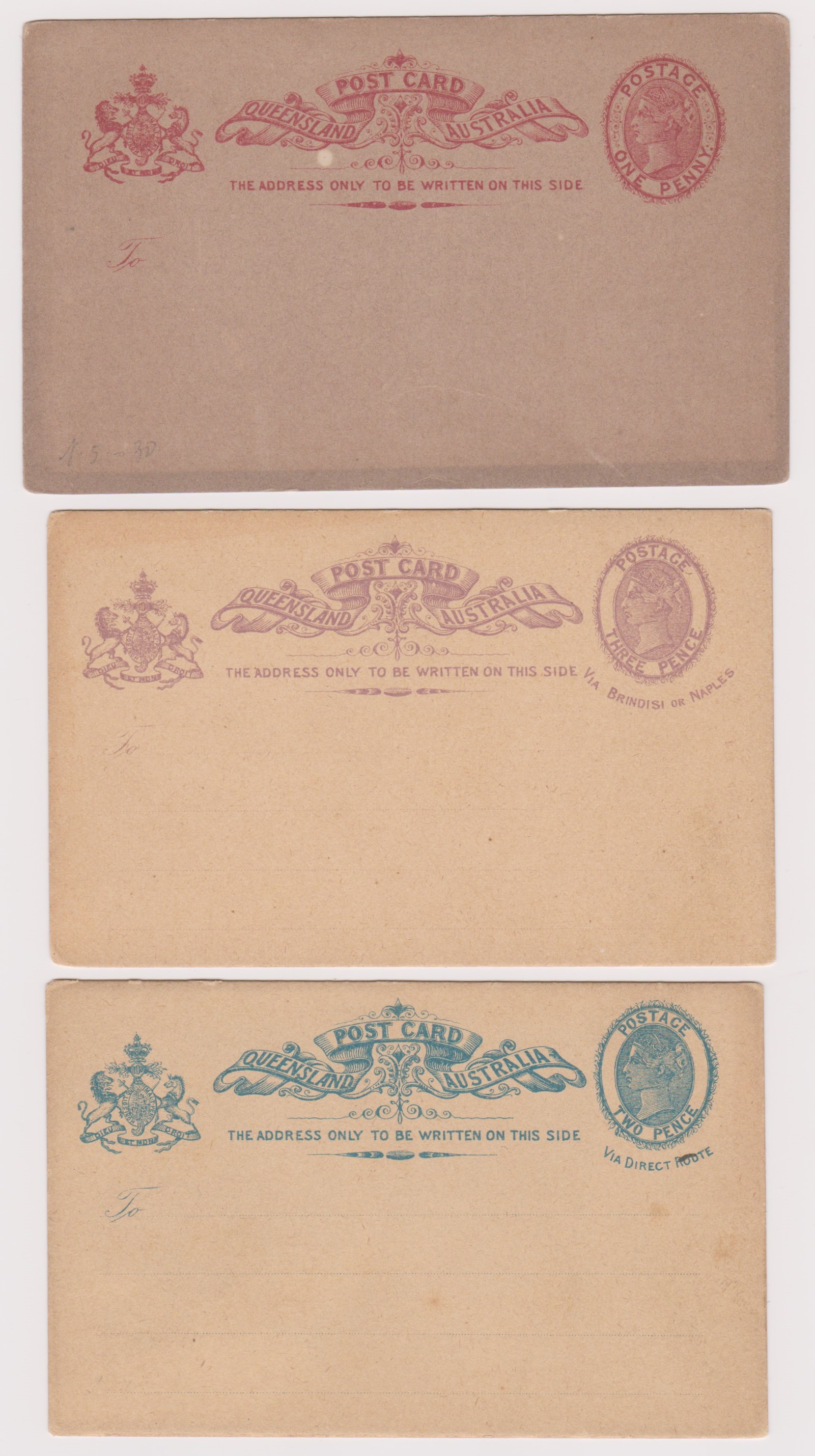 Australian States - Queensland 1880s, 3x unused pre-paid postcards 1d red inland post, 2d blue