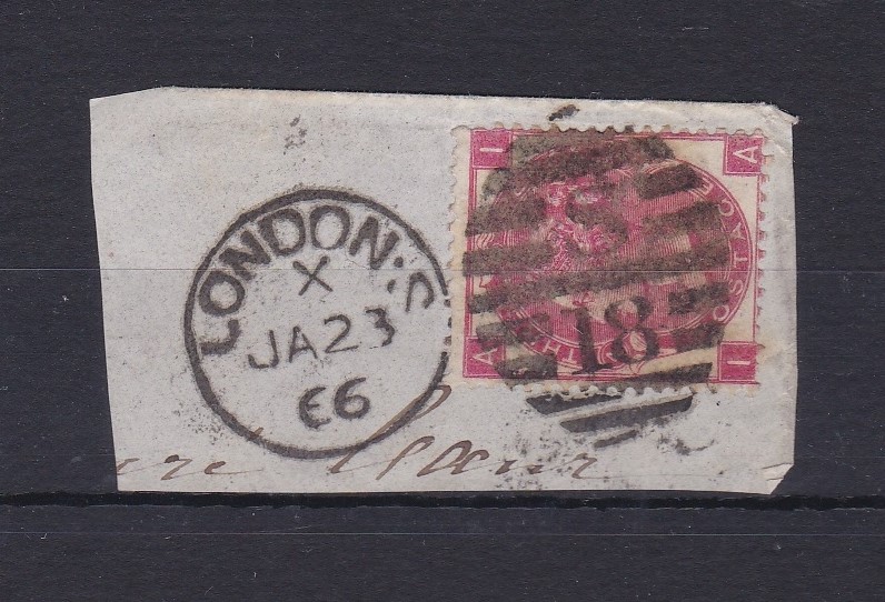 Great Britain 1866-SG92 3d rose plate 4 on piece cancelled 23.1.66 London. S. with 5/18 town
