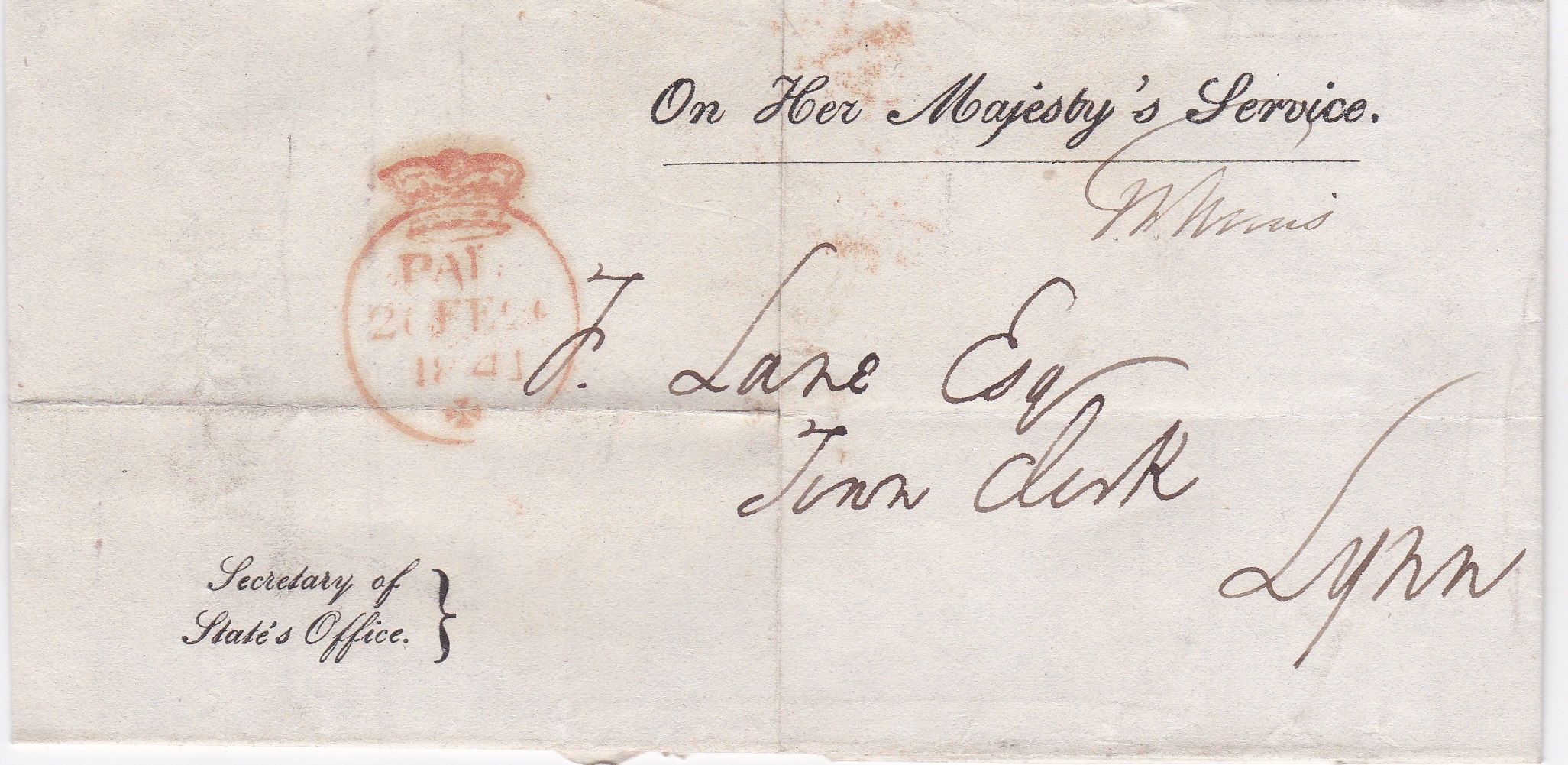 Great Britain 1841 - Pre-stamp folded letter from the Secretary of State's Office to the Town