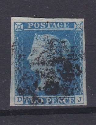 Great Britain 1841 SG14 used 2d blue 4 margins imperf. Cat Value £90