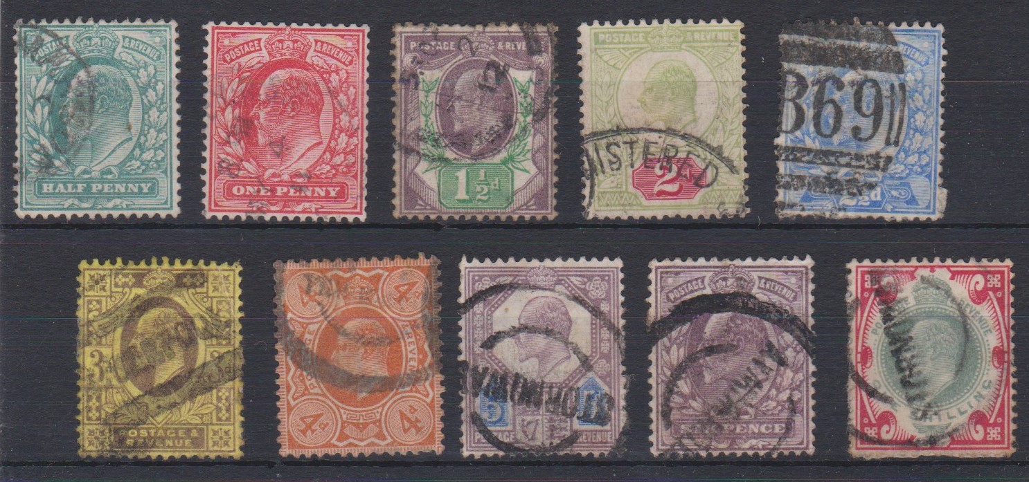 Great Britain 1902-10 definitives 1/2- 1/- (10) SG 215, 219, 221-225, 231, 234, 241, 242, 245 and