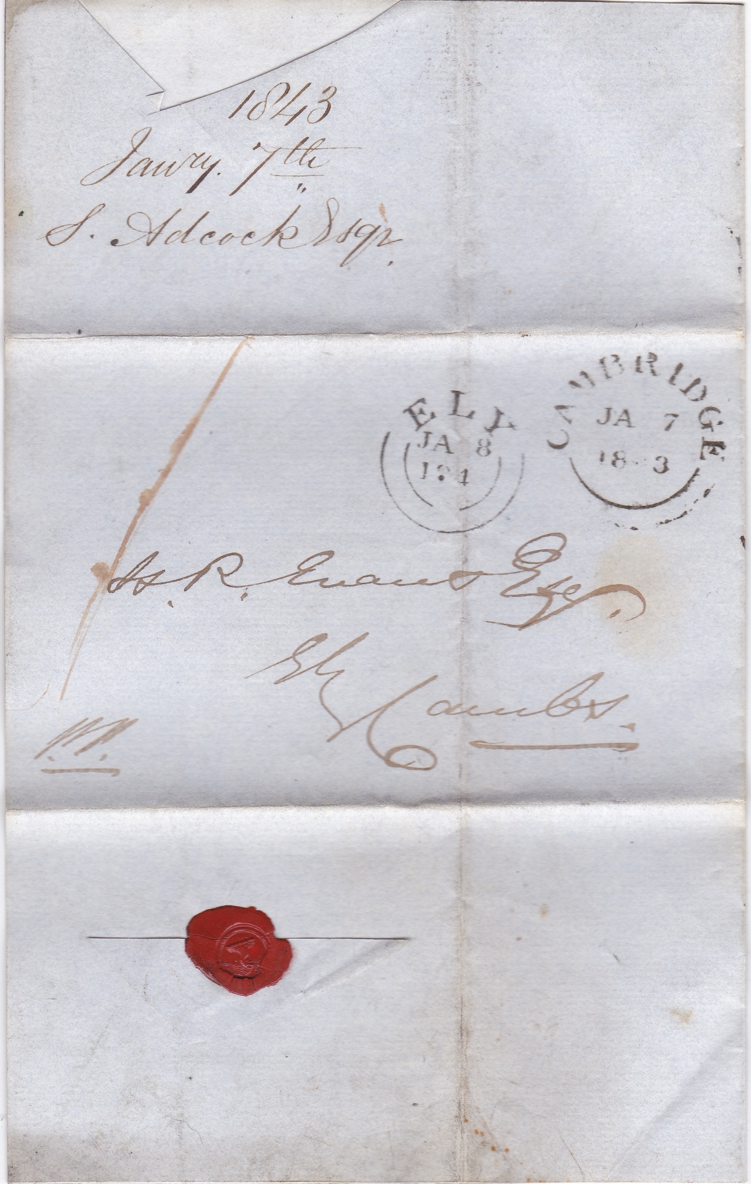 Cambs 1843 EL - from Cambridge to Ely with fine double ring cancels for both, M/S, one in red on