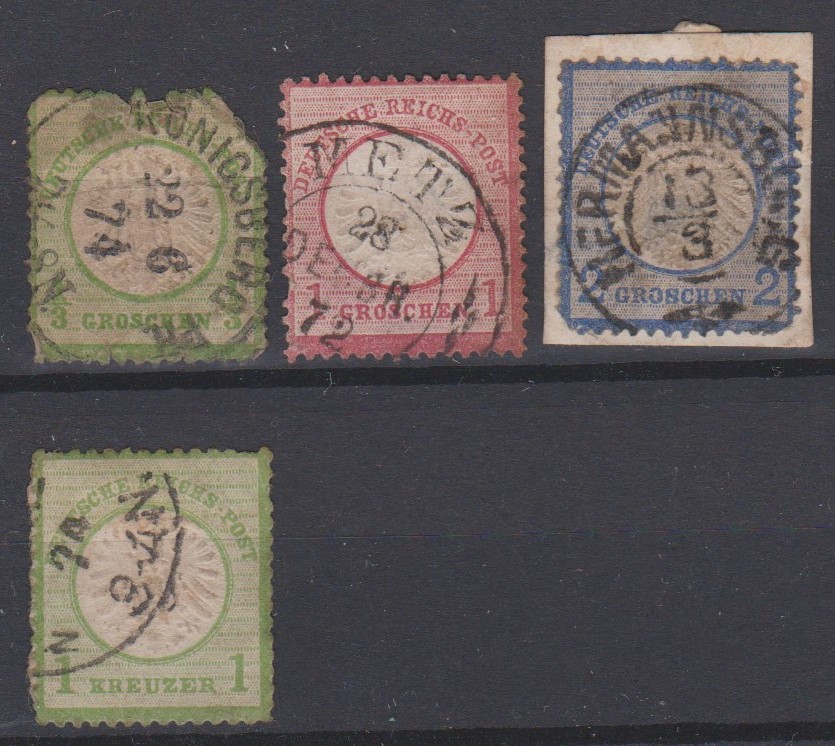 Germany 1872 definitives S.G. 17 used 1/3g, 19 used 1g, 20 used 2g and S.G. 23 used 1k. Cat £100