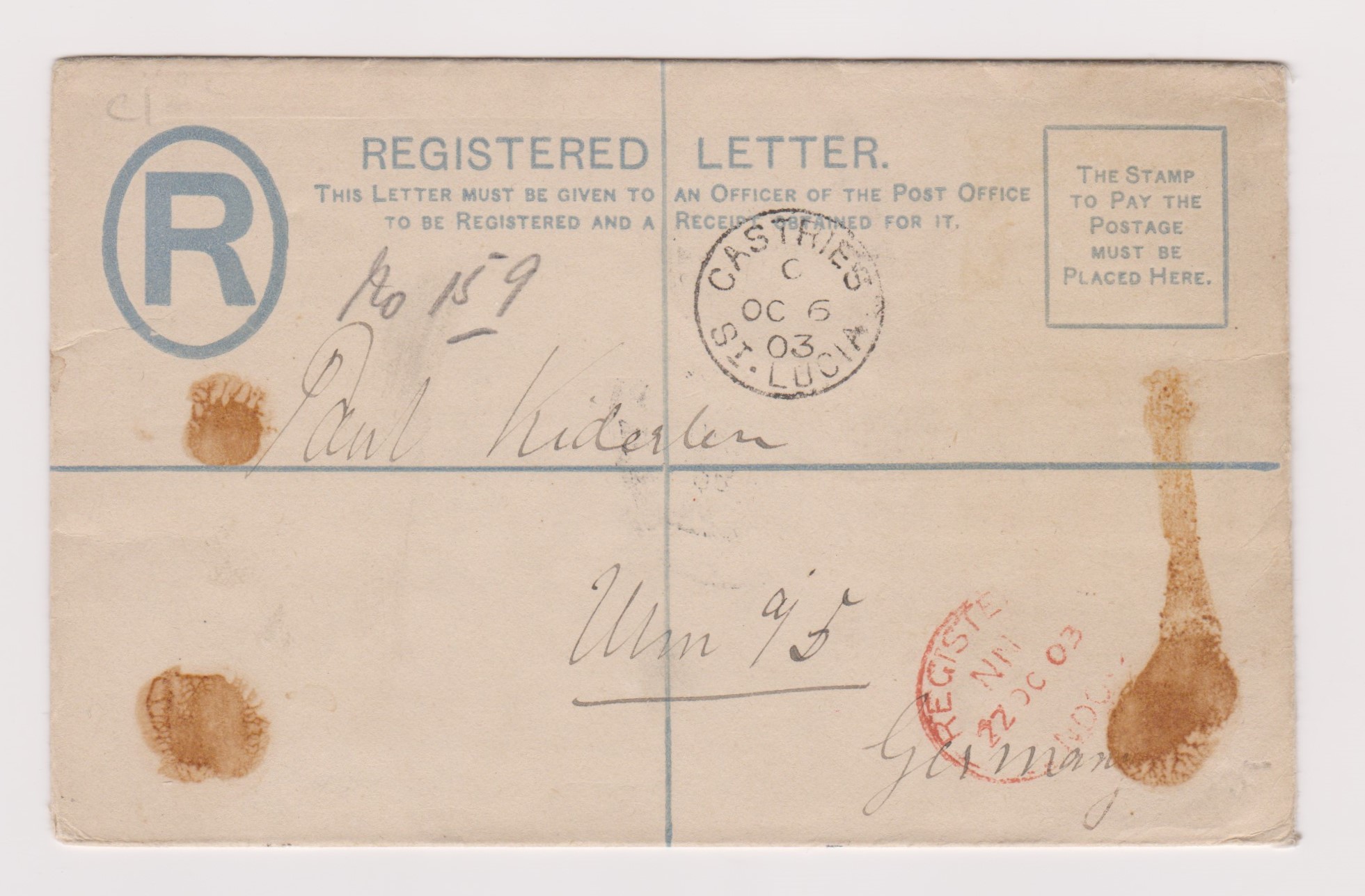 Saint Lucia 1903 used Victoria 2d blue registered letter envelope used Castries St. Lucia to Ulm