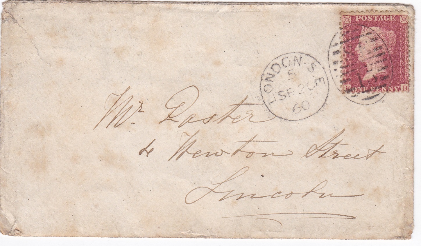 Great Britain 1860-Cover posted to Lincoln cancelled 20.9.1860 with a London Duplex cancel on SG36-