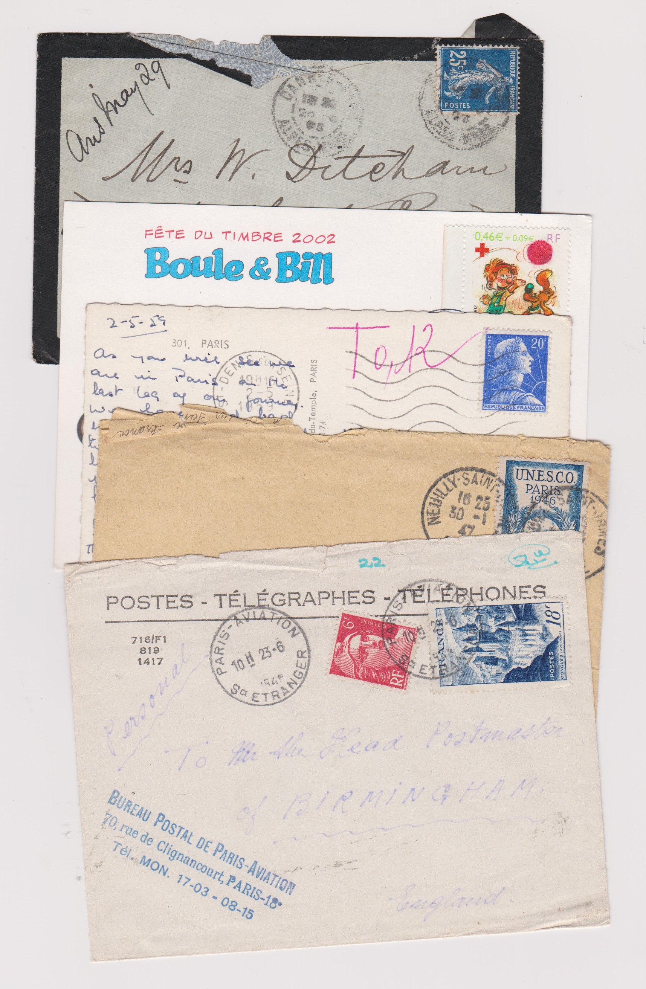 France 1906-2002 Postal History Group of (5) envelopes and postcards individually described