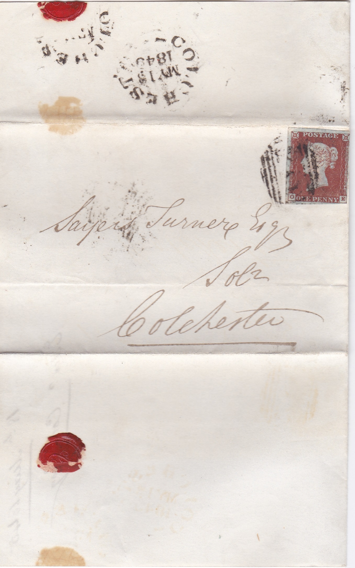 Great Britain 1849 - Folded letter posted to Colchester cancelled with numeral town strike on SG8 1d