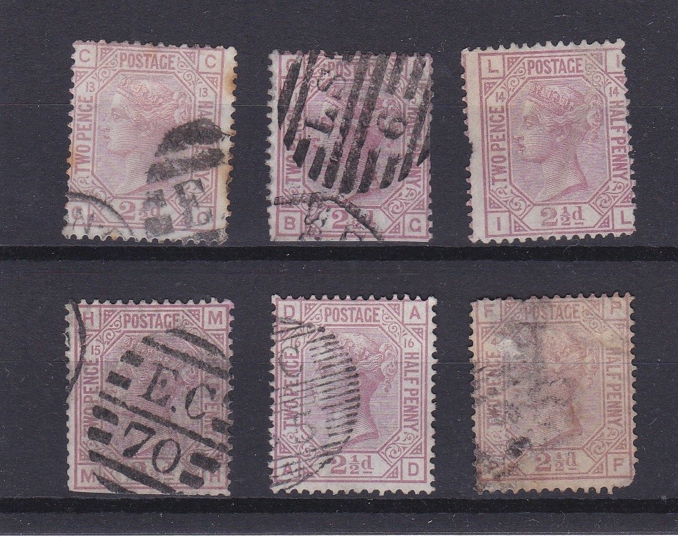 Great Britain 1873-80 SG141 used 2.1/2d Rosey mauve x5 - some faults plates 13, 14,15 and 16-cat