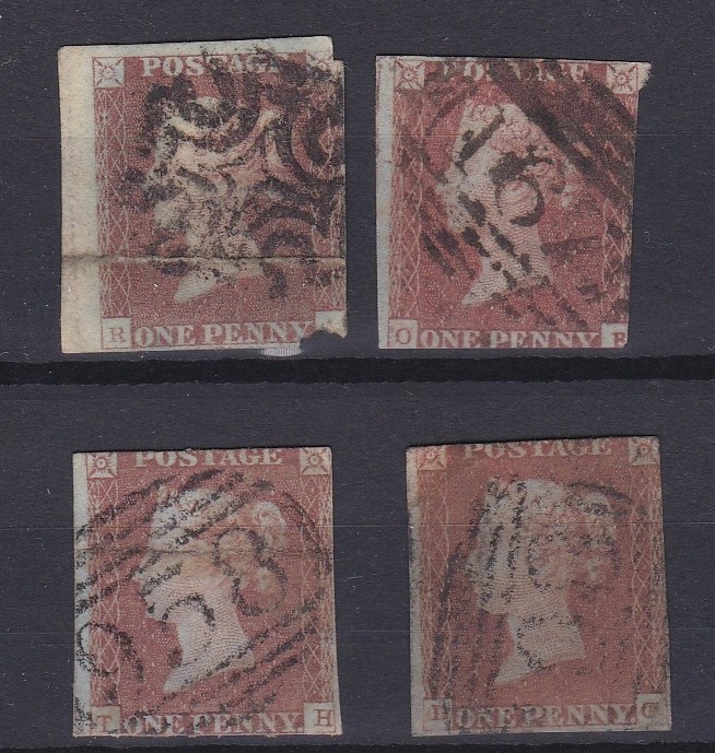 Great Britain 1841 SG9 1d pale red brown x4 used. Cat value £180