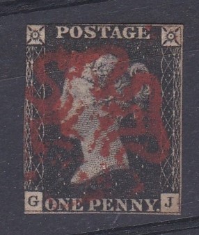 Great Britain 1840 - 1d black G-J un-plated SG2 - Red M.X cut square, good used