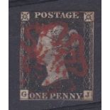 Great Britain 1840 - 1d black G-J un-plated SG2 - Red M.X cut square, good used