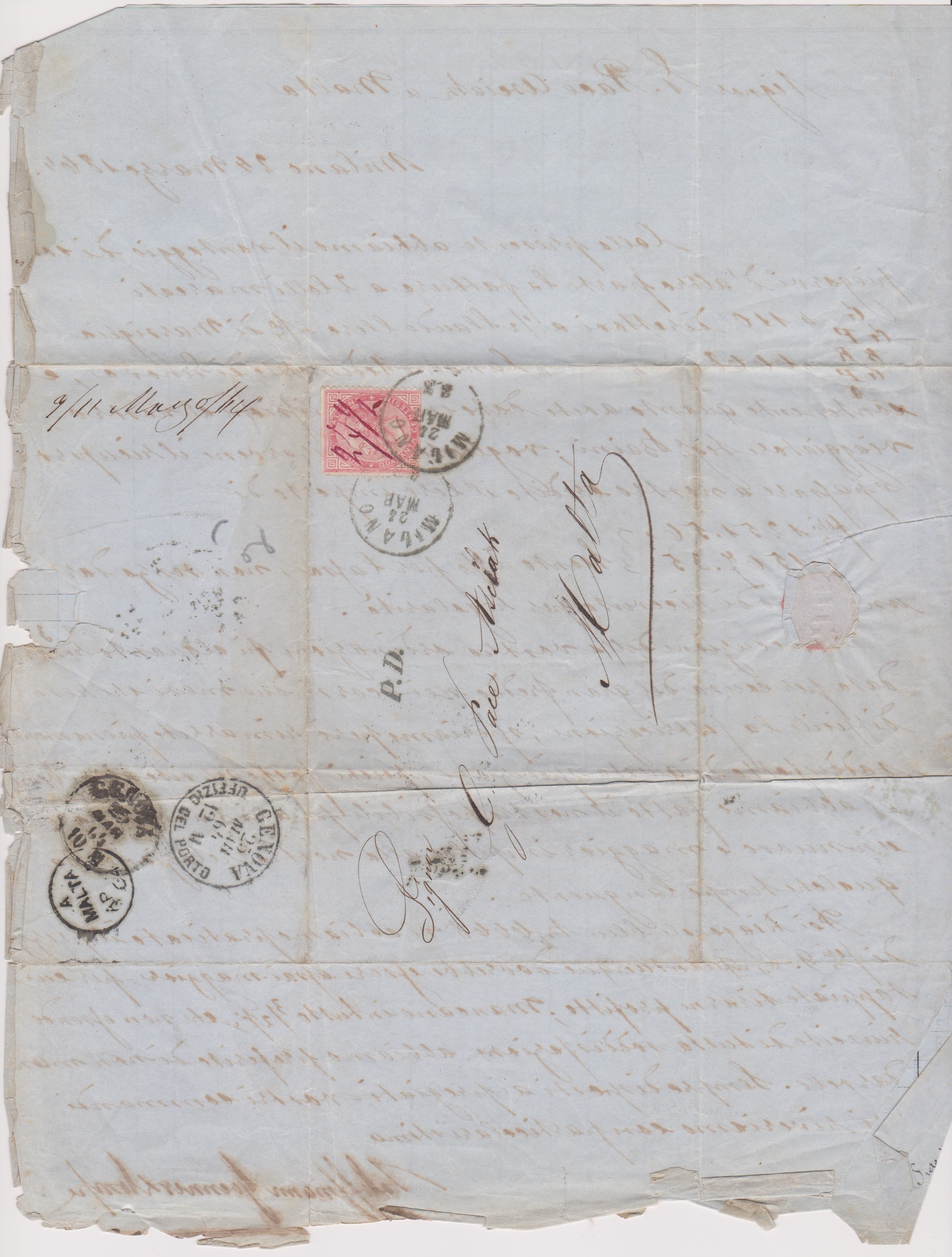 Italy 1864-Folder unvoiced letter posted to Malta cancelled 24.3.1864 Milan on SG14 40c definitive