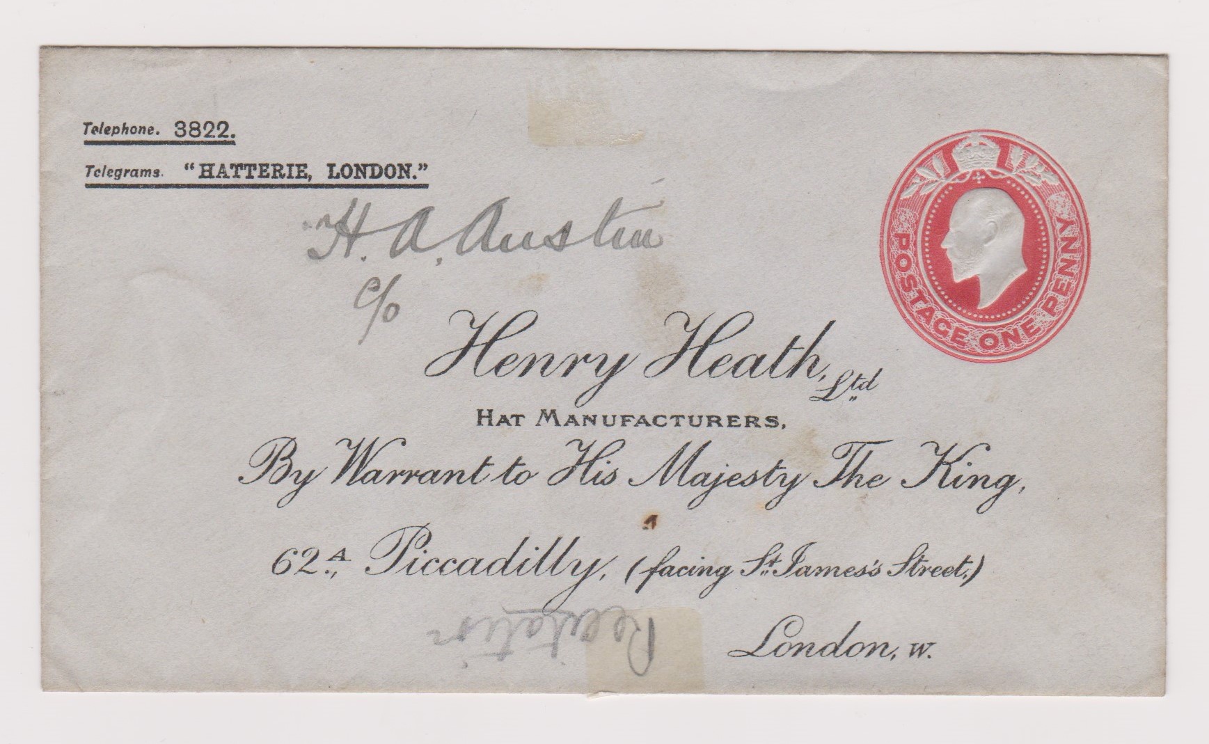 Great Britain Pre-paid commercial envelope Michel 416A-with 1d red postage to Henry Heath, Royal