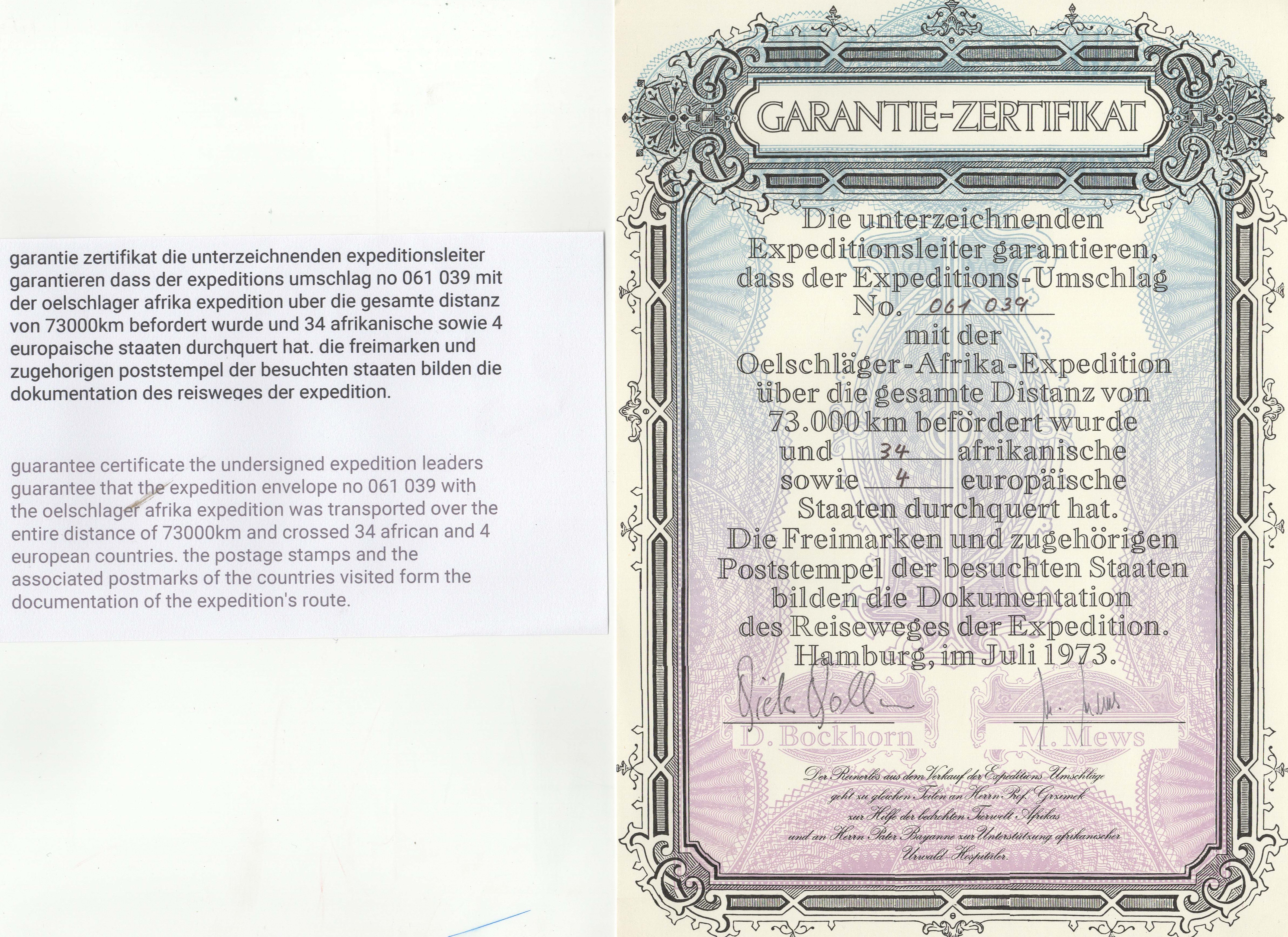 Germany 1971-1973-Africa Expedition-Interesting postal history item-numbered and certificated - Image 2 of 3