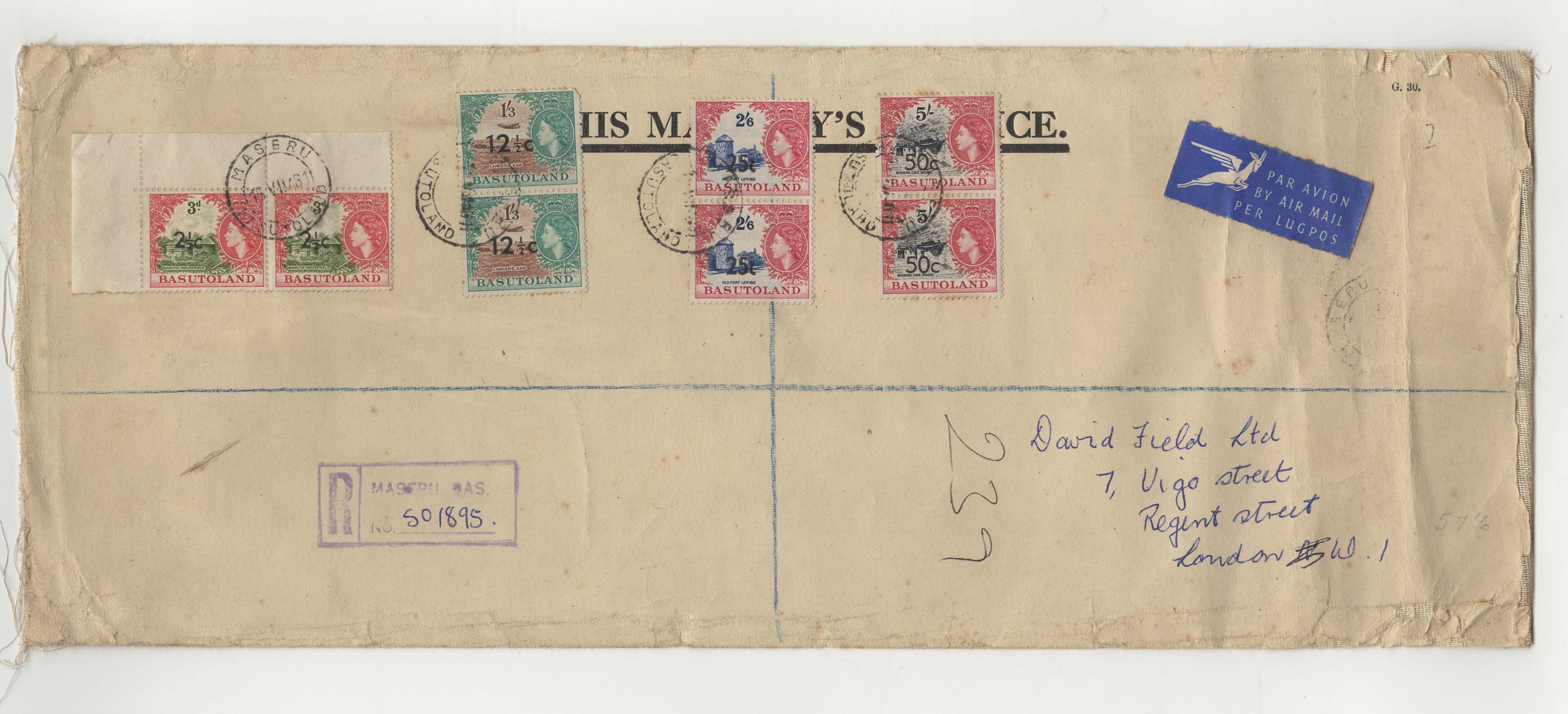 Basutoland 1946 large OHMS envelope registered airmail to London and cancelled 15/7/1946 Maseru