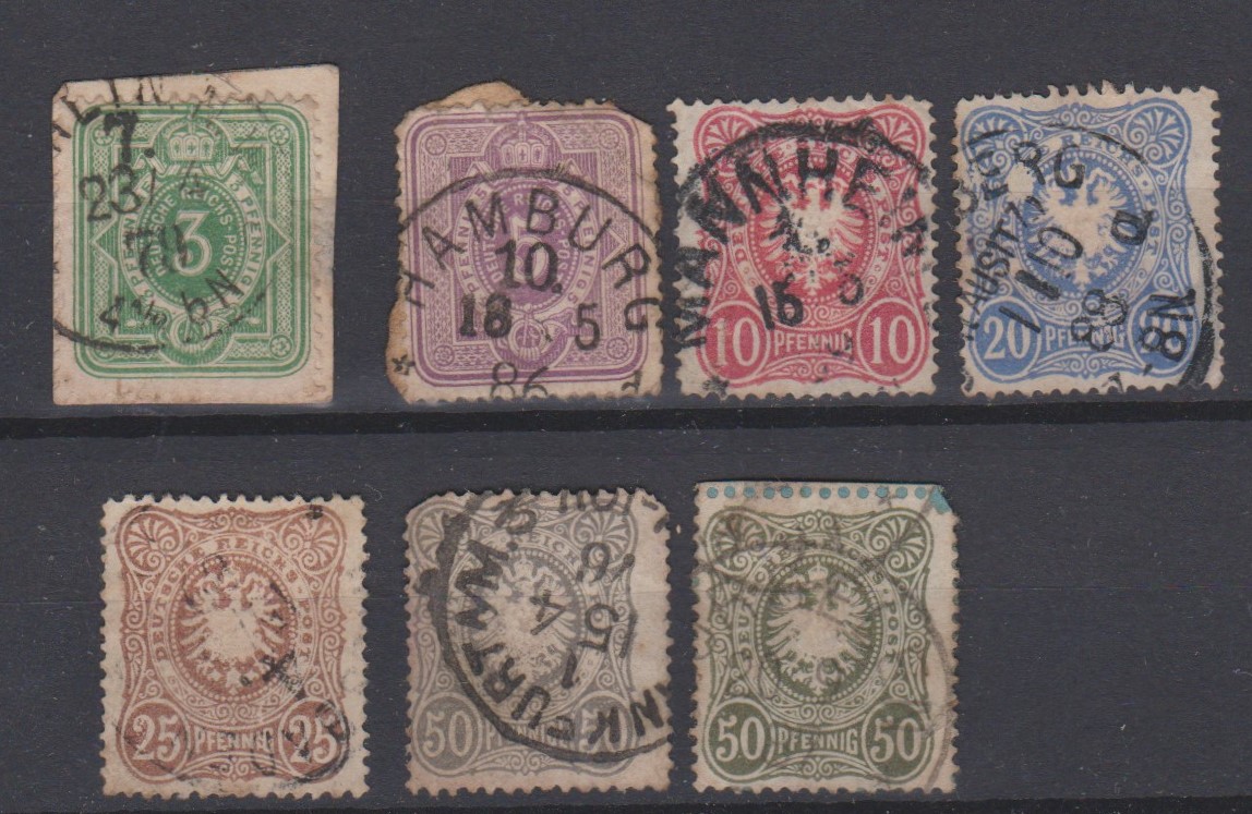 Germany 1880-87 definitives S.G. 39a, 40a, 41b, 42a, 43b, 44a, 44c used.
