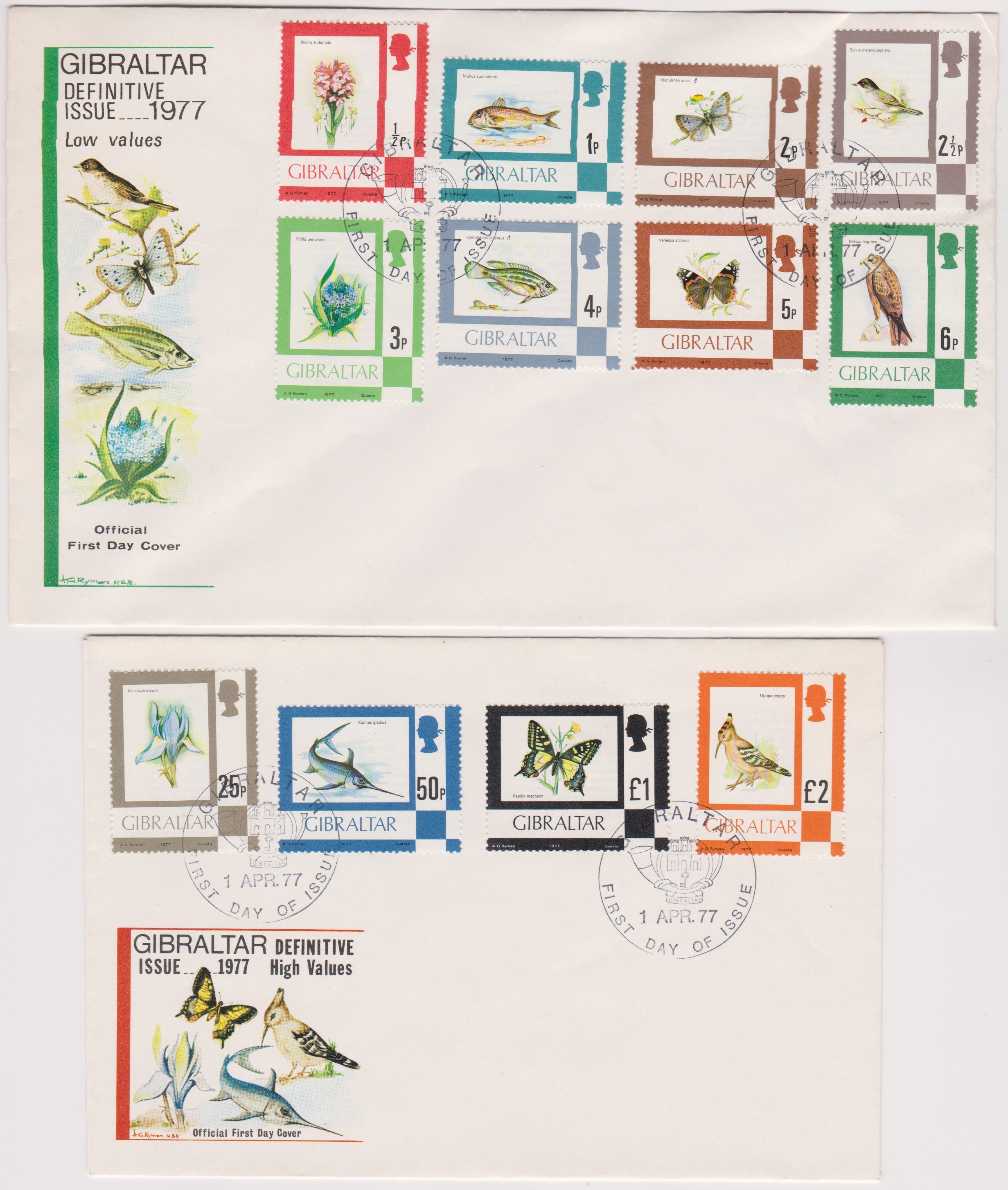 Gibraltar 1977 Flora and Fauna - two unaddressed FDCs cancelled 1/4/77 Gibraltar on: - 1). Low